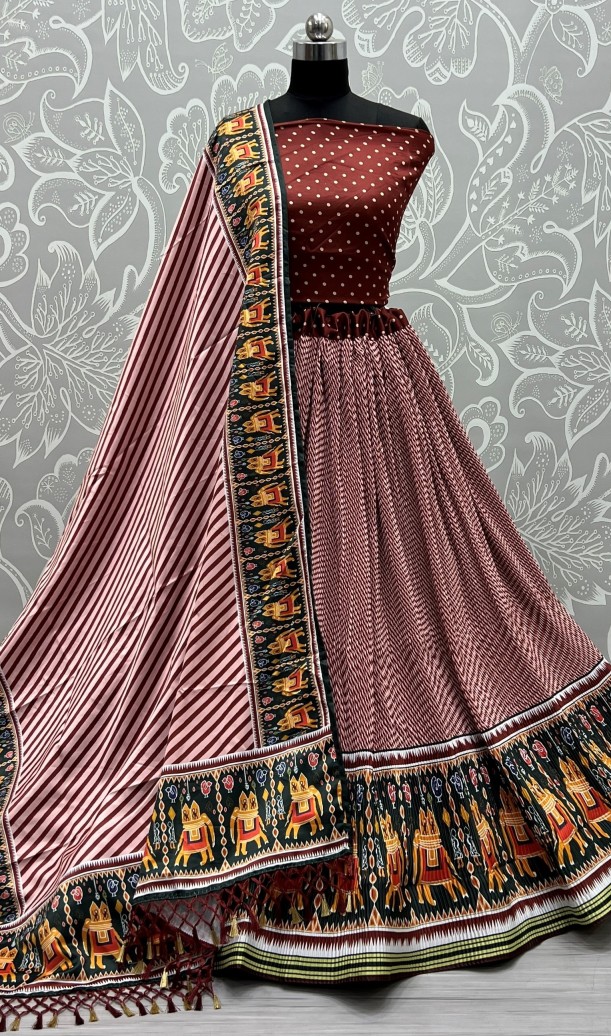 WINE AND PEACH Printed Silk Festival Wear Lehenga Choli